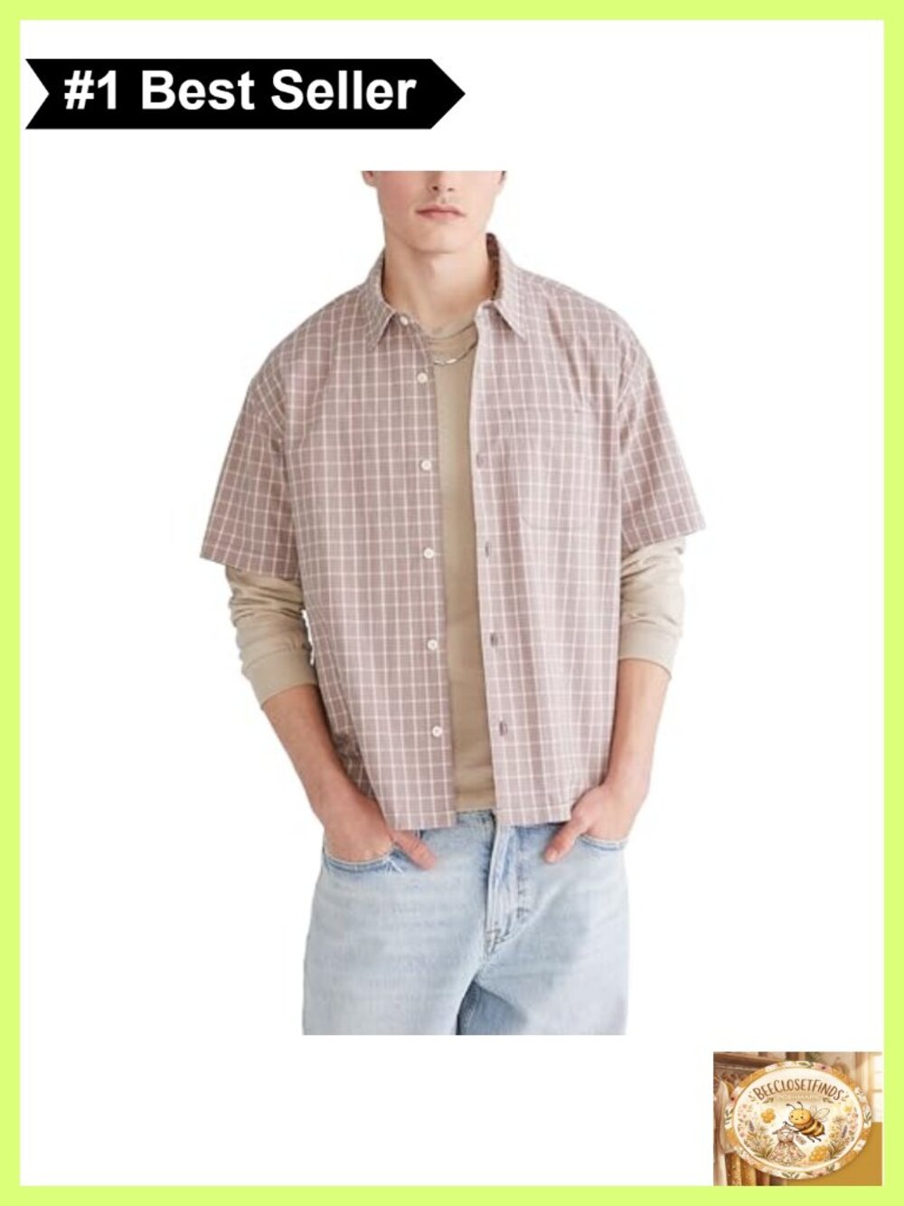 Men's Short Sleeve Micro Plaid Boxy Button-Down Shirt 100% Cotton